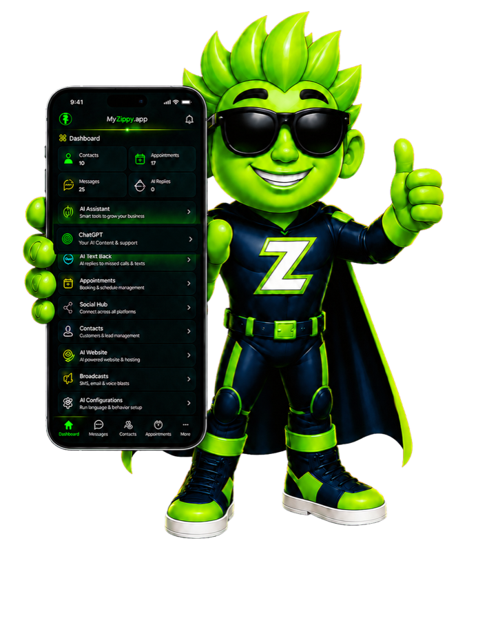 Zippy, the MyZippy mascot, holding a phone showing the app dashboard with contacts, appointments, messages and AI replies